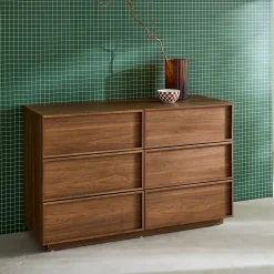 Commode de rangement effet bois 6 tiroirs noyer L 120 x P 43 x H 75cm - Kuba