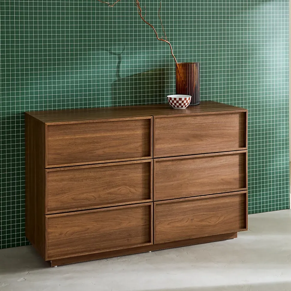 Commode de rangement effet bois 6 tiroirs noyer L 120 x P 43 x H 75cm - Kuba
