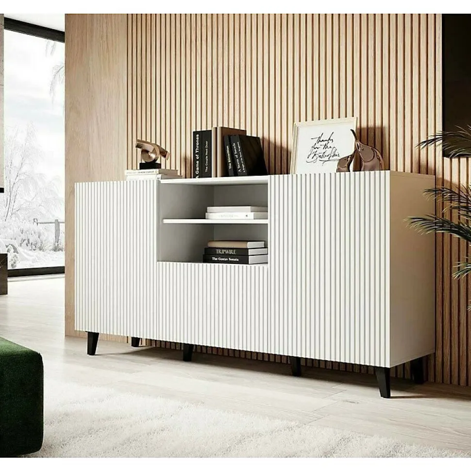 Commode De Rangement Meuble Universel Blanc 150x83x40 Cm Palace Élegant Sur Pieds