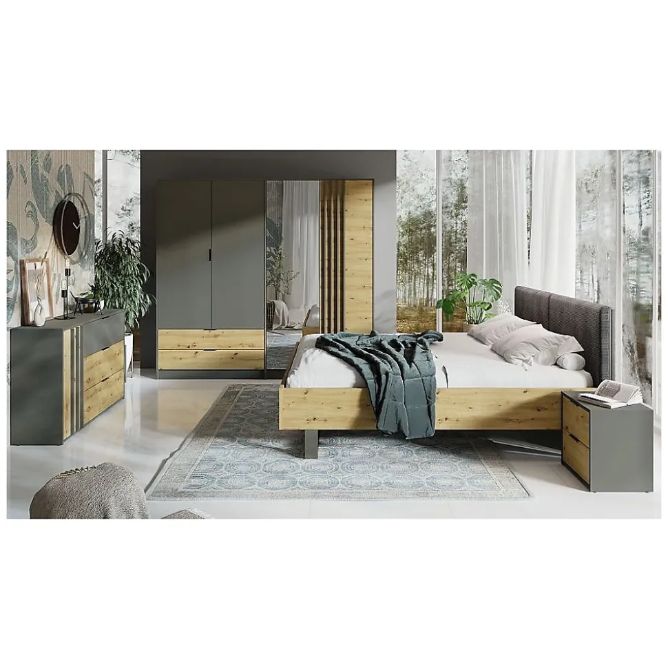 Commode design 3 tiroirs et 1 porte. Collection IZO coloris gris anthracite et chene clair.