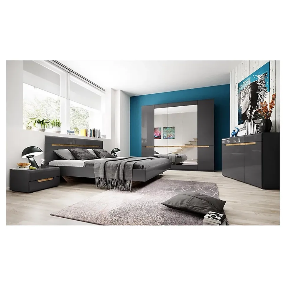 Commode design LUCIA, 3 portes et 3 tiroirs. Coloris gris brillant et chene