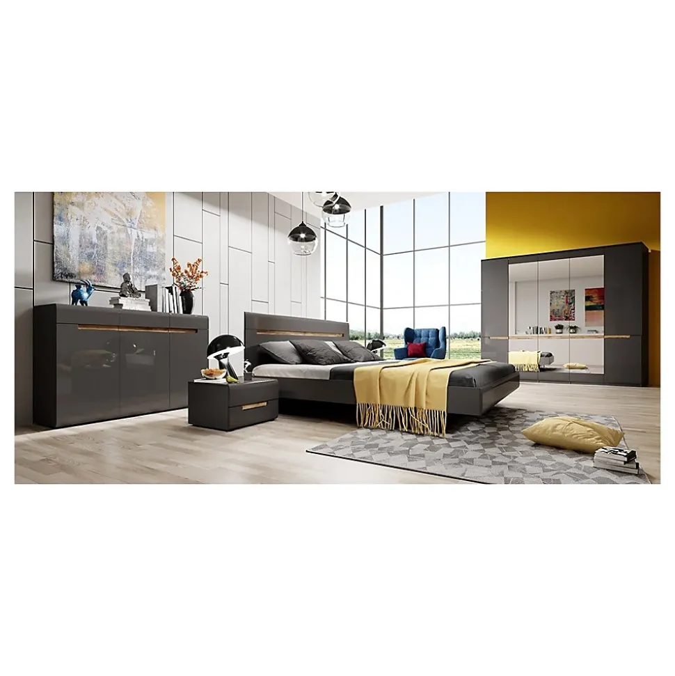 Commode design LUCIA, 3 portes et 3 tiroirs. Coloris gris brillant et chene