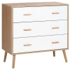 Commode design scandinave sur pieds 3 tiroirs coulissants pieds effilés inclinés panneaux particules blanc aspect bois clair