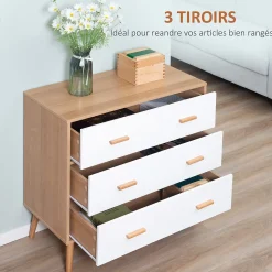 Commode design scandinave sur pieds 3 tiroirs coulissants pieds effilés inclinés panneaux particules blanc aspect bois clair