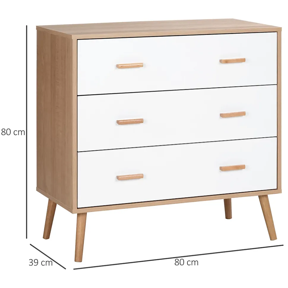 Commode design scandinave sur pieds 3 tiroirs coulissants pieds effilés inclinés panneaux particules blanc aspect bois clair