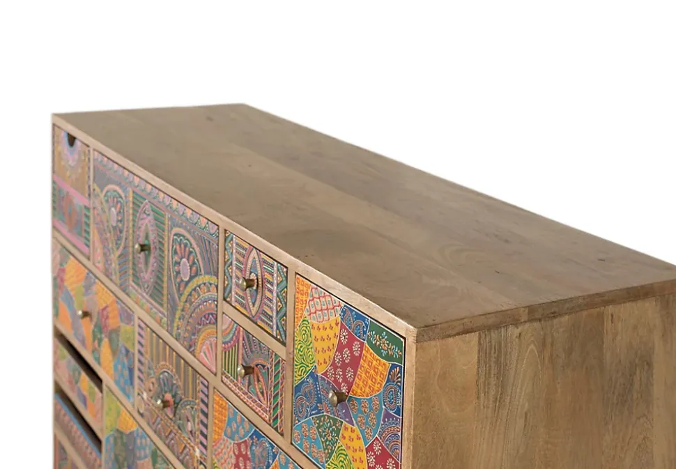 Commode en bois de manguier 14 tiroirs avec détails peints à la main