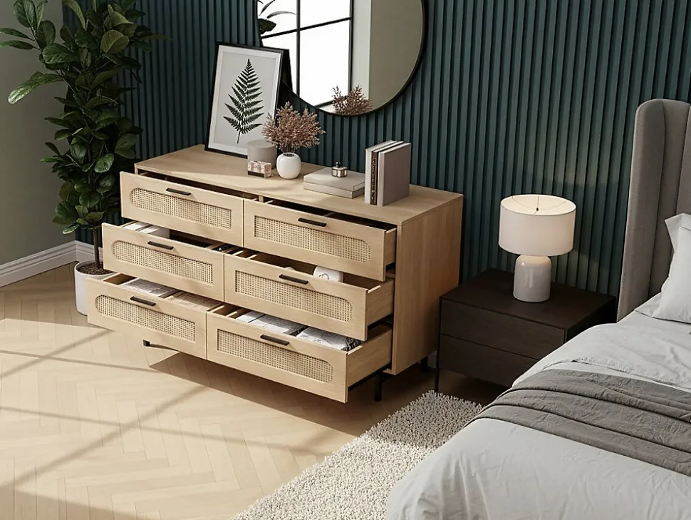 Commode en bois et cannage "Harrison" 120 x 40 x 75 cm Beige