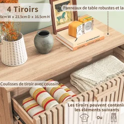 Commode en bois naturel avec 4 tiroirs, design à rainures verticales, grande capacité de rangement, robuste et stable