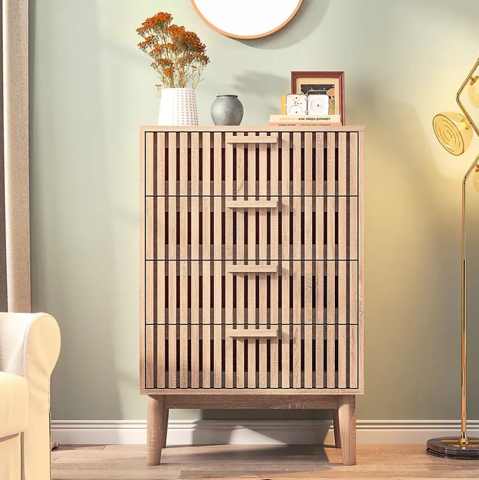 Commode en bois naturel avec 4 tiroirs, design à rainures verticales, grande capacité de rangement, robuste et stable