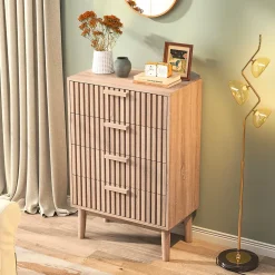Commode en bois naturel avec 4 tiroirs, design à rainures verticales, grande capacité de rangement, robuste et stable