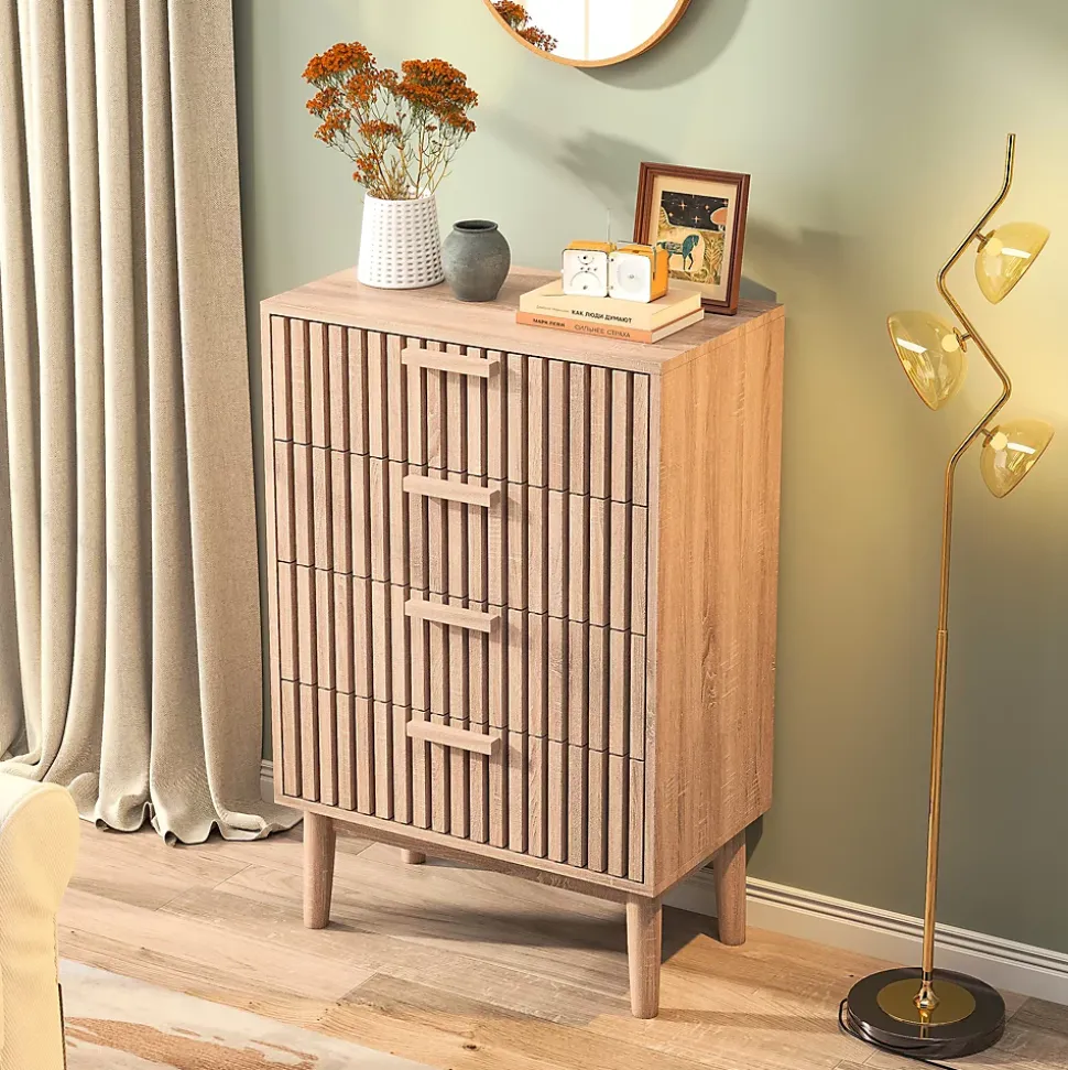 Commode en bois naturel avec 4 tiroirs, design à rainures verticales, grande capacité de rangement, robuste et stable