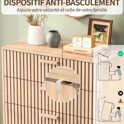 Commode en bois naturel avec 4 tiroirs, design à rainures verticales, grande capacité de rangement, robuste et stable