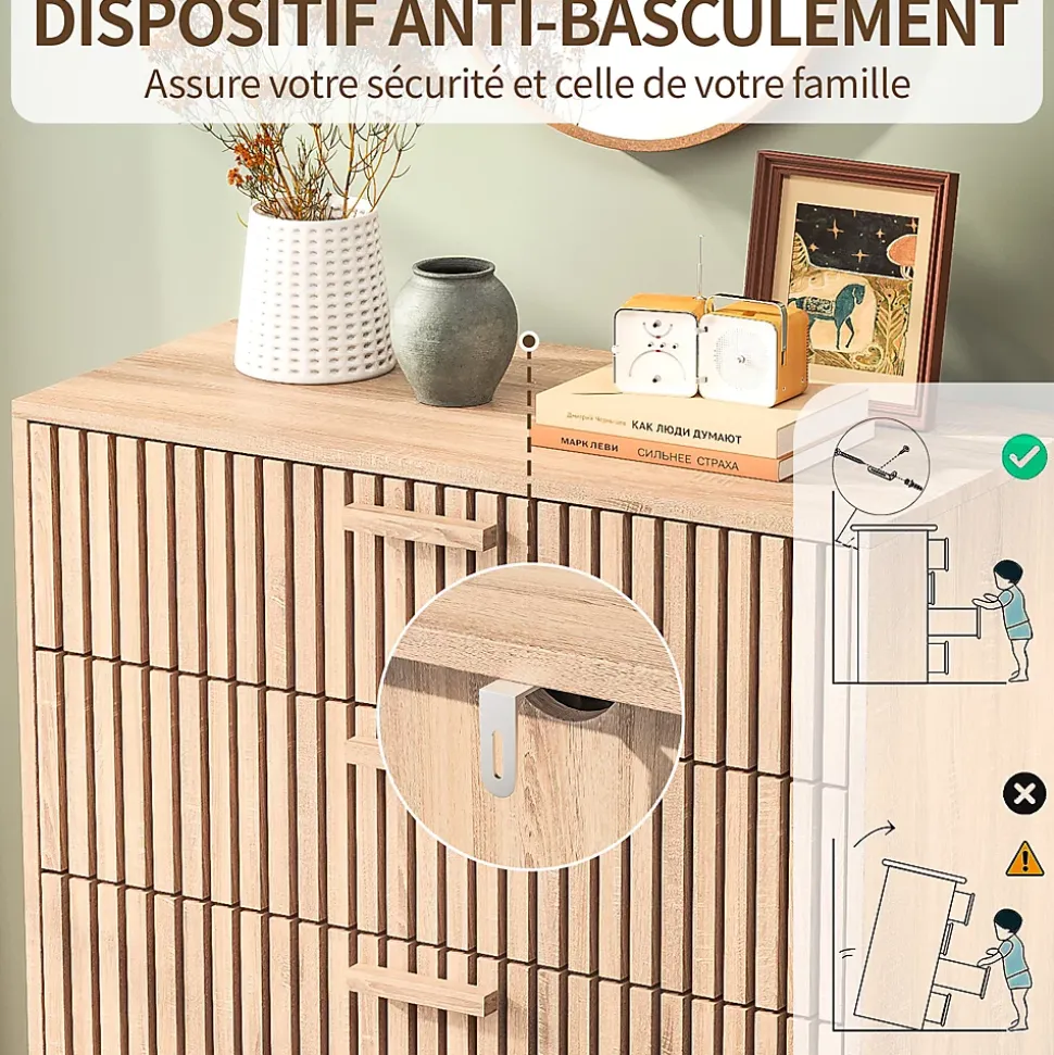 Commode en bois naturel avec 4 tiroirs, design à rainures verticales, grande capacité de rangement, robuste et stable