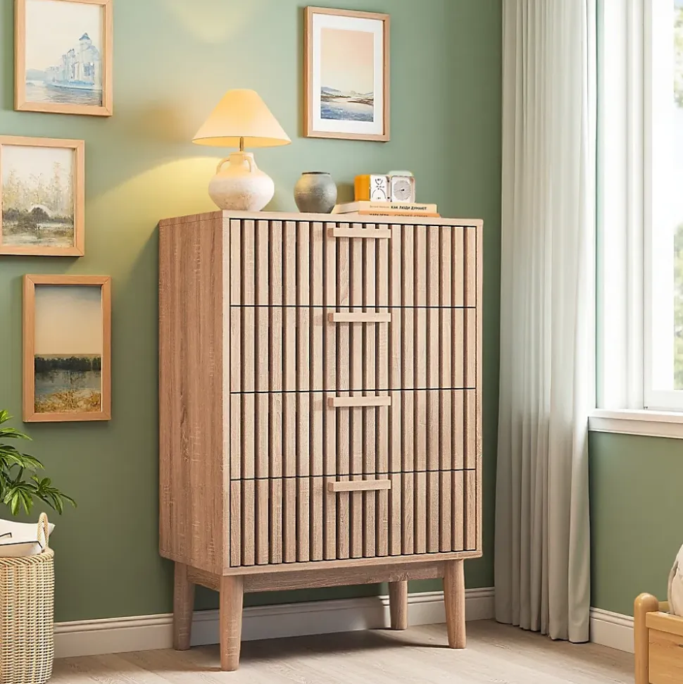 Commode en bois naturel avec 4 tiroirs, design à rainures verticales, grande capacité de rangement, robuste et stable
