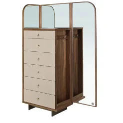 Commode en similicuir, noyer et acier poli avec miroir