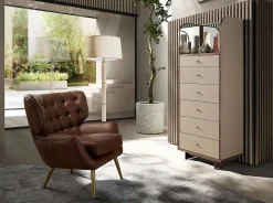 Commode en similicuir, noyer et acier poli avec miroir