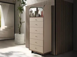 Commode en similicuir, noyer et acier poli avec miroir