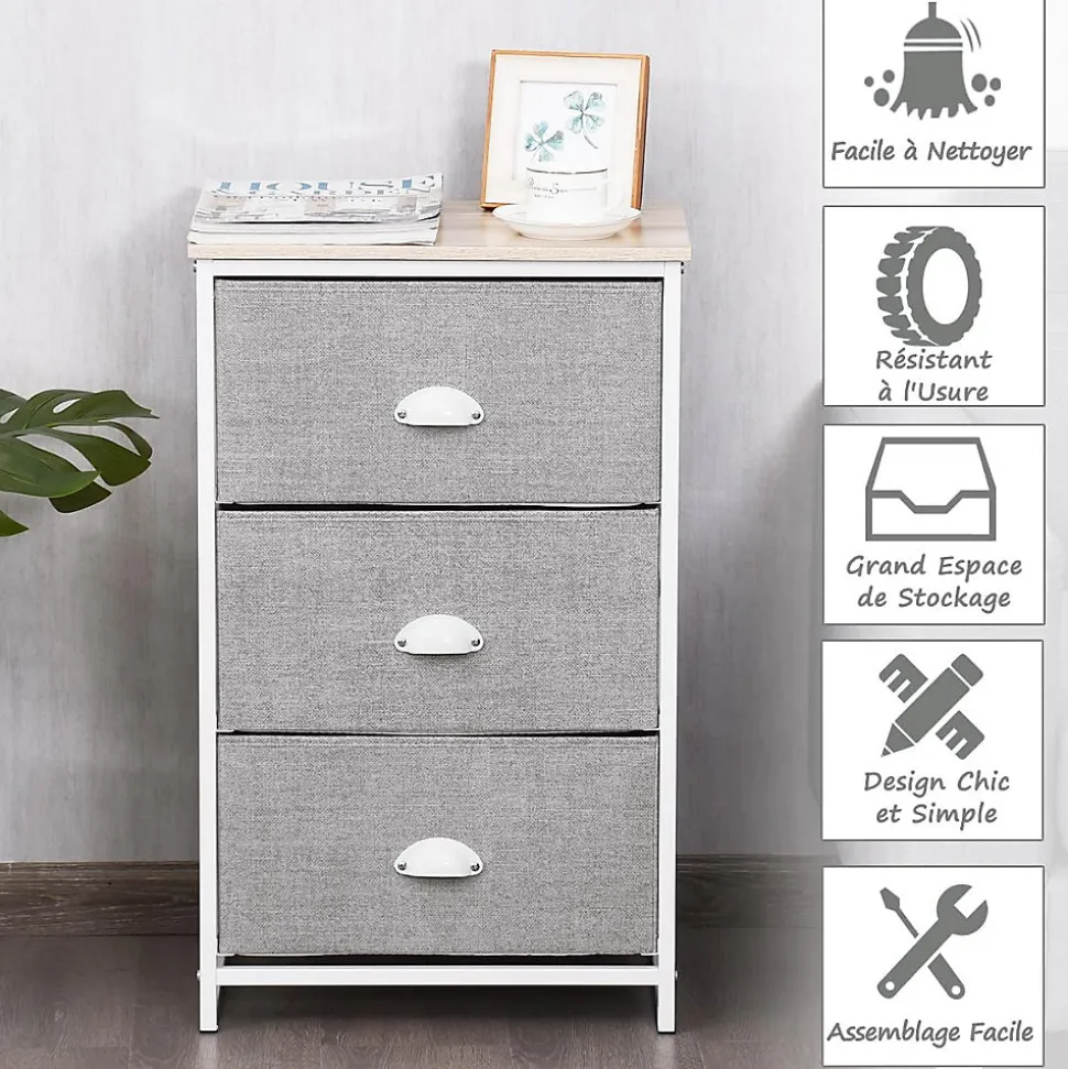 Commode en Tissu avec 3 Tiroirs Armoire de Rangement avec Tiroirs Pliables Cadre en Métal Robuste