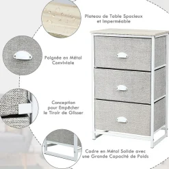Commode en Tissu avec 3 Tiroirs Armoire de Rangement avec Tiroirs Pliables Cadre en Métal Robuste