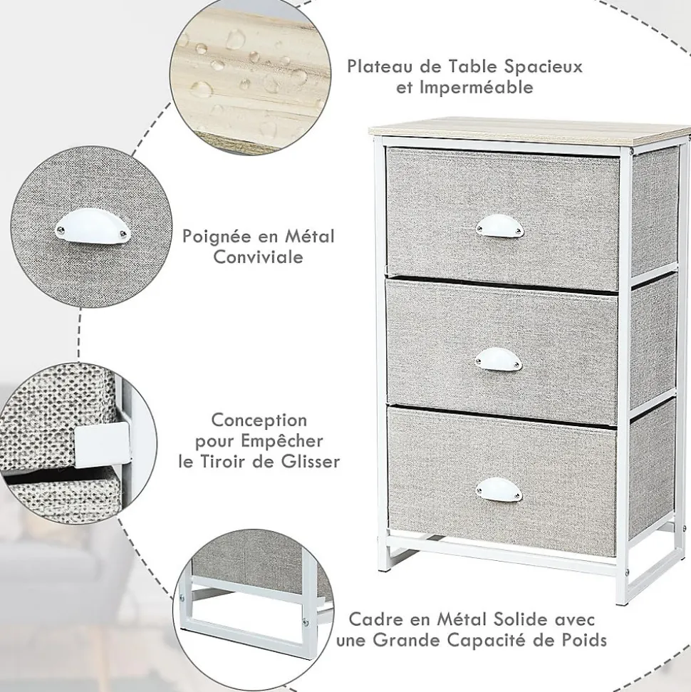 Commode en Tissu avec 3 Tiroirs Armoire de Rangement avec Tiroirs Pliables Cadre en Métal Robuste