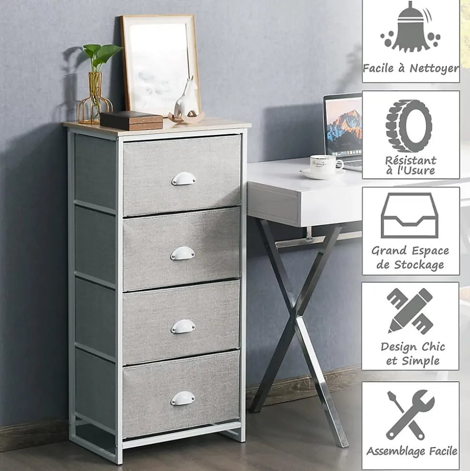 Commode en Tissu avec 4 Tiroirs Armoire de Rangement avec Tiroirs Pliables Cadre en Métal Robuste