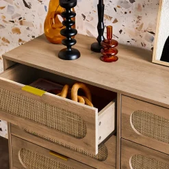 Commode. Eva. 6 tiroirs. décor bois. cannage arrondi L 120 x l 39 x H 79cm
