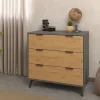 Commode, meuble de rangement avec 3 tiroirs coloris gris, chêne - Hauteur 78 x Longueur 80 x profondeur 48 cm
