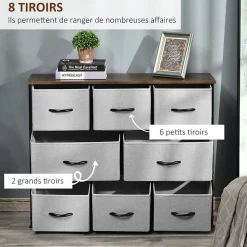 Commode meuble de rangement 8 tiroirs pliables en tissu 100 x 30 x 78,5 cm gris