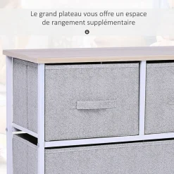 Commode meuble de rangement dim. 100L x 30l x 54H cm 5 tiroirs non-tissés gris structure métal blanc plateau MDF bois clair
