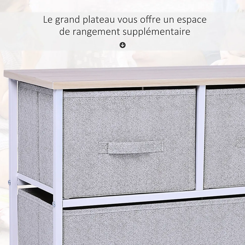 Commode meuble de rangement dim. 100L x 30l x 54H cm 5 tiroirs non-tissés gris structure métal blanc plateau MDF bois clair
