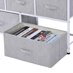 Commode meuble de rangement dim. 100L x 30l x 54H cm 5 tiroirs non-tissés gris structure métal blanc plateau MDF bois clair