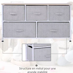 Commode meuble de rangement dim. 100L x 30l x 54H cm 5 tiroirs non-tissés gris structure métal blanc plateau MDF bois clair