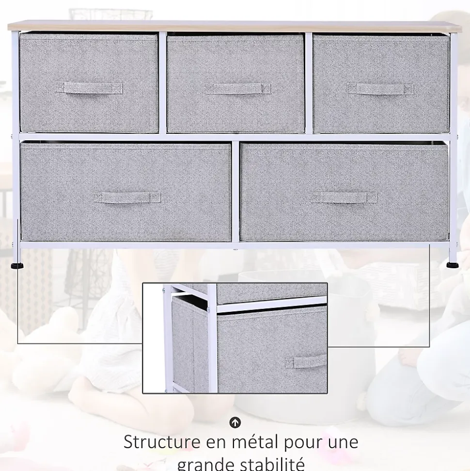 Commode meuble de rangement dim. 100L x 30l x 54H cm 5 tiroirs non-tissés gris structure métal blanc plateau MDF bois clair