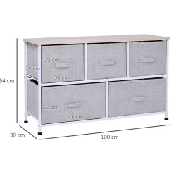 Commode meuble de rangement dim. 100L x 30l x 54H cm 5 tiroirs non-tissés gris structure métal blanc plateau MDF bois clair