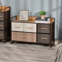 Commode meuble de rangement 5 tiroirs en tissu 87,5 x 29 x 58 cm Marron et beige