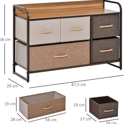 Commode meuble de rangement 5 tiroirs en tissu 87,5 x 29 x 58 cm Marron et beige