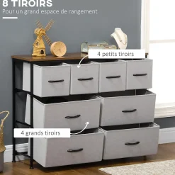 Commode meuble de rangement 8 tiroirs - dim. 100L x 30l x 78H cm - structure acier noir tissu pliant gris