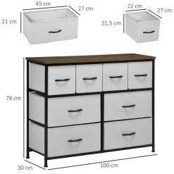 Commode meuble de rangement 8 tiroirs - dim. 100L x 30l x 78H cm - structure acier noir tissu pliant gris