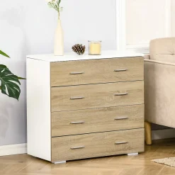 Commode meuble de rangement style contemporain 4 tiroirs 76 x 35 x 72 cm blanc et couleur bois