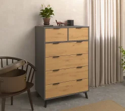 Commode, meuble de rangement avec 6 tiroirs coloris gris, chêne - Hauteur 122 x Longueur 80 x profondeur 48 cm