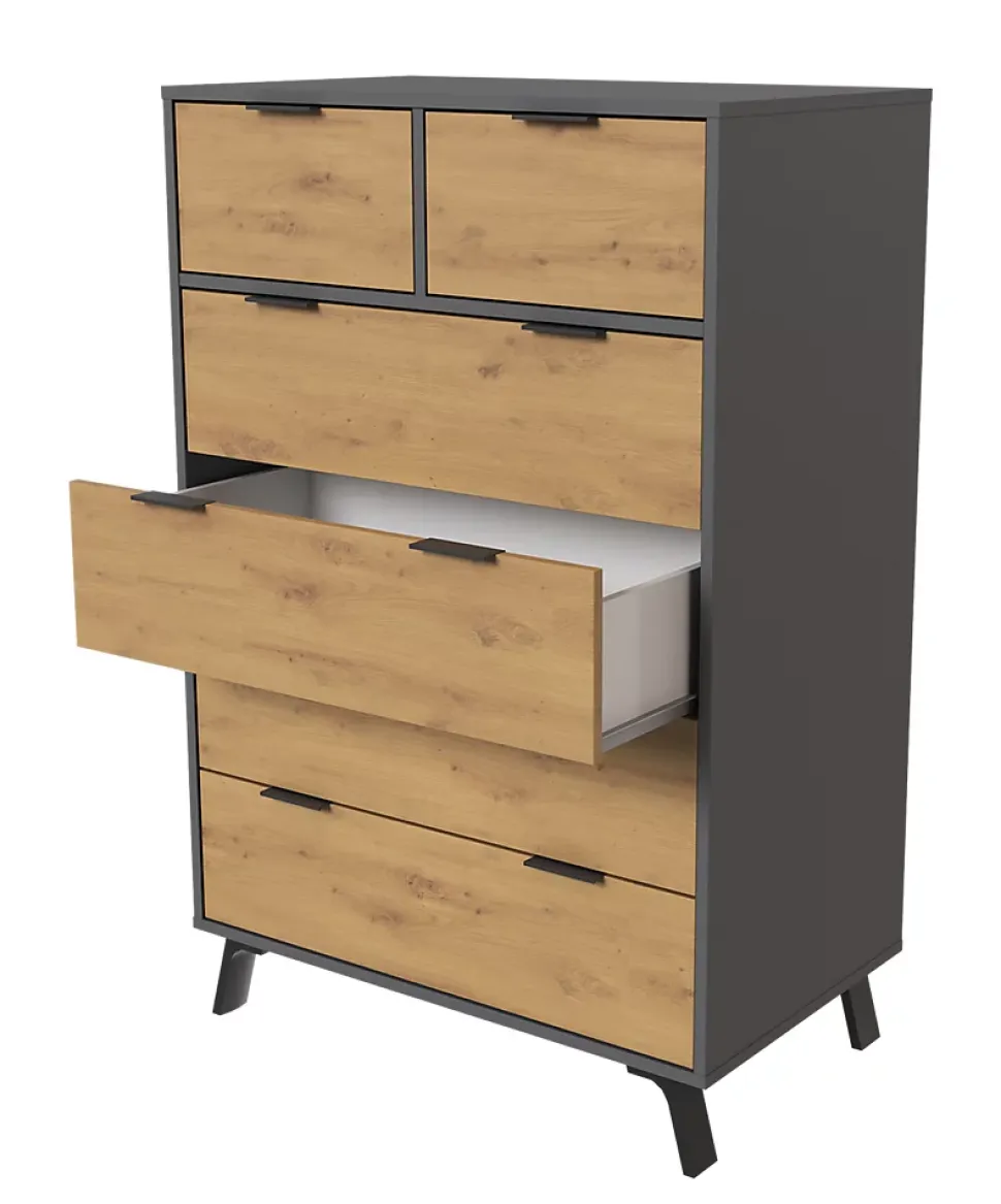 Commode, meuble de rangement avec 6 tiroirs coloris gris, chêne - Hauteur 122 x Longueur 80 x profondeur 48 cm
