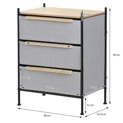 Commode ML-Design à 3 tiroirs tissu gris clair 58x78x42,5 cm avec structure en acier aspect chêne