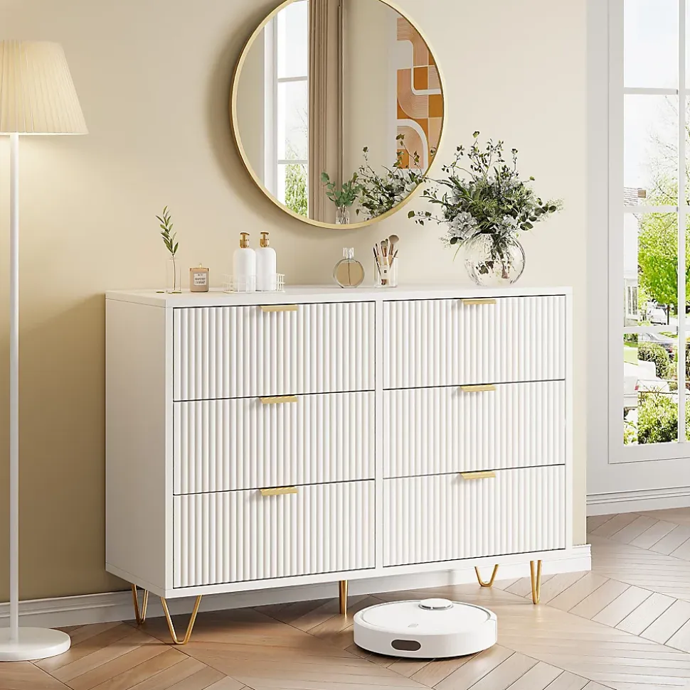 Commode moderne bois et rotin 6 tiroirs, meuble de rangement multifonction pour chambre salon couloir, design élégant et compact