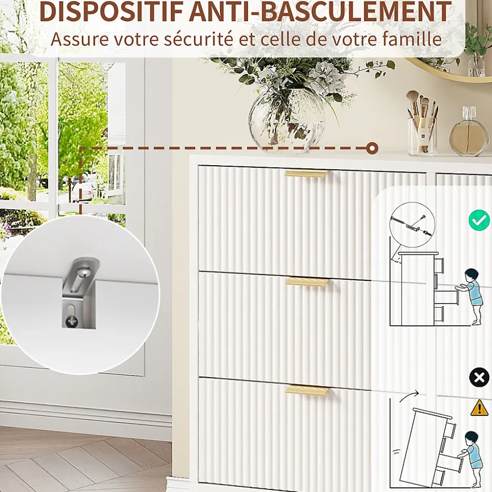 Commode moderne bois et rotin 6 tiroirs, meuble de rangement multifonction pour chambre salon couloir, design élégant et compact