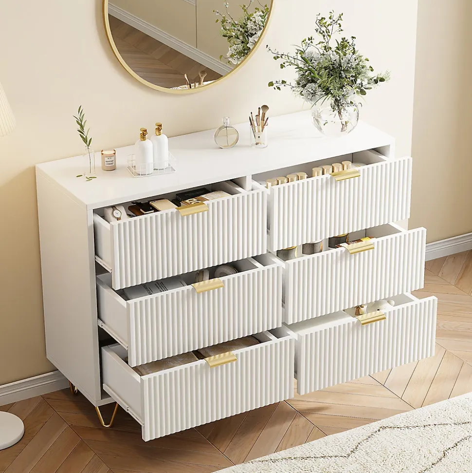 Commode moderne bois et rotin 6 tiroirs, meuble de rangement multifonction pour chambre salon couloir, design élégant et compact