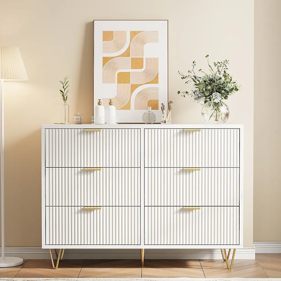 Commode moderne bois et rotin 6 tiroirs, meuble de rangement multifonction pour chambre salon couloir, design élégant et compact