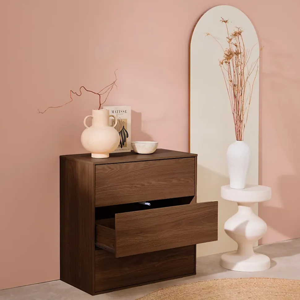 Commode. module de rangement décor bois noyer 3 tiroirs - Kompo
