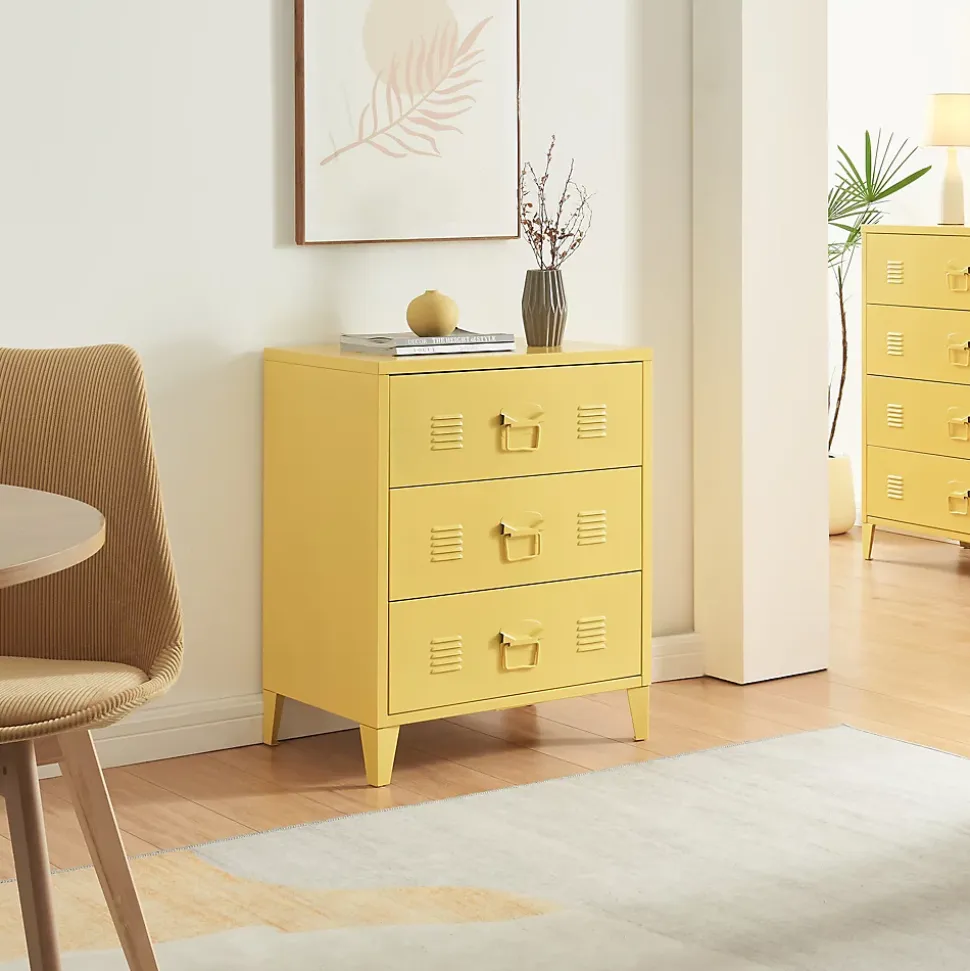 Commode métallique Hämeenlinna avec 3 tiroirs acier 72 x 60 x 40 cm jaune en.casa