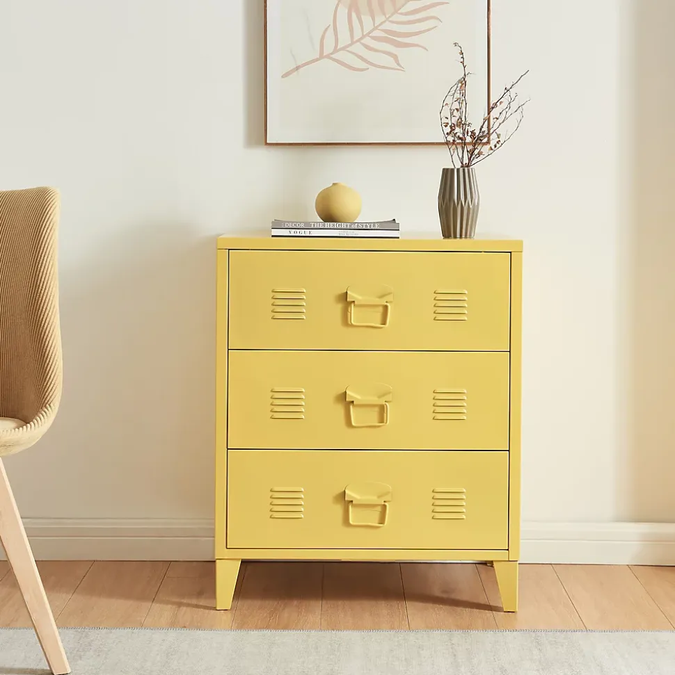 Commode métallique Hämeenlinna avec 3 tiroirs acier 72 x 60 x 40 cm jaune en.casa