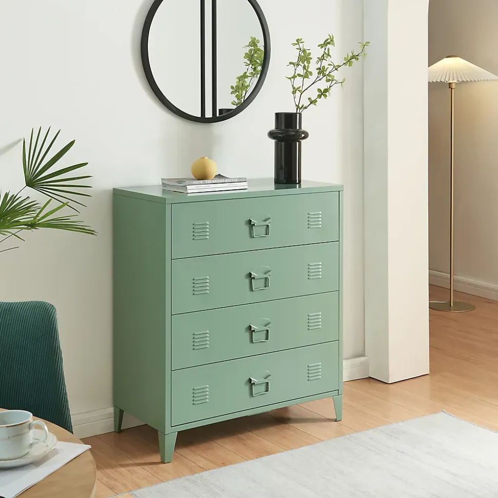 Commode métallique Hämeenlinna avec 4 tiroirs acier 92 x 80 x 40 cm vert mat en.casa